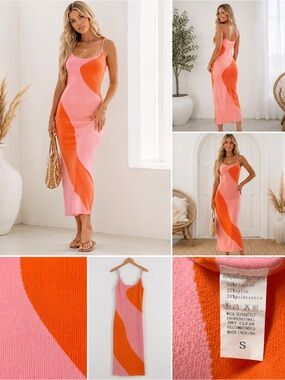 Women’s Pink & Orange Colorblock Slip Midi Dress